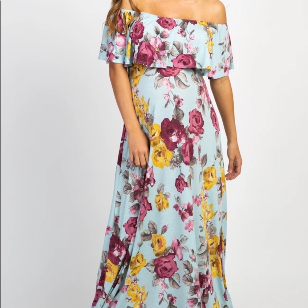 Light Blue Rose Off The Shoulder Maxi Dress
